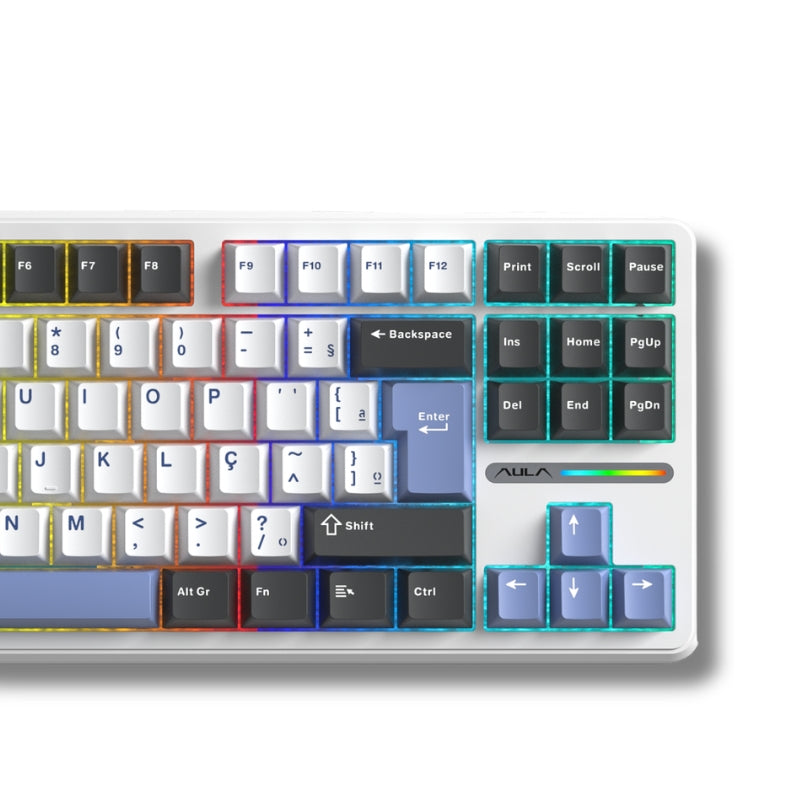 Teclado Mecânico Aula F87 Branco Azul Escuro Sem Fio Abnt2