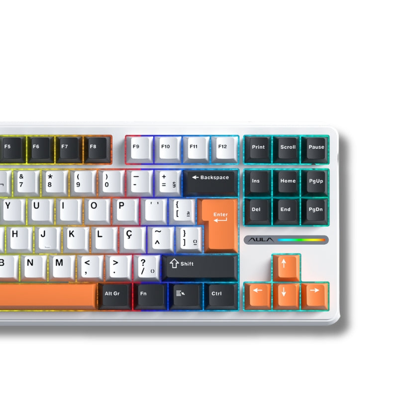Teclado Mecânico Aula F87 Branco Laranja Escuro Sem Fio Abnt2