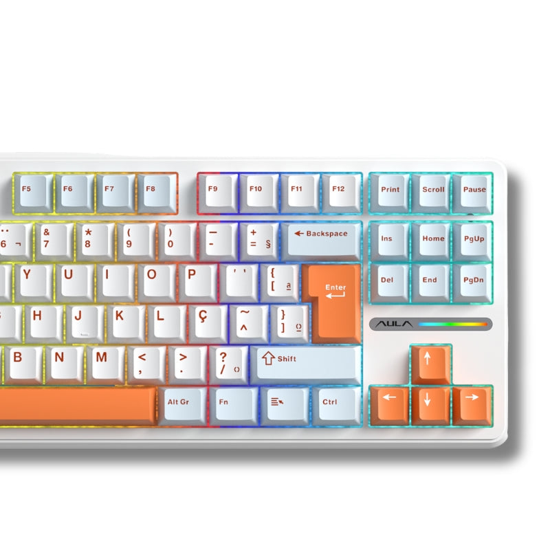 Teclado Mecânico Aula F87 Branco Laranja Claro Sem Fio Abnt2
