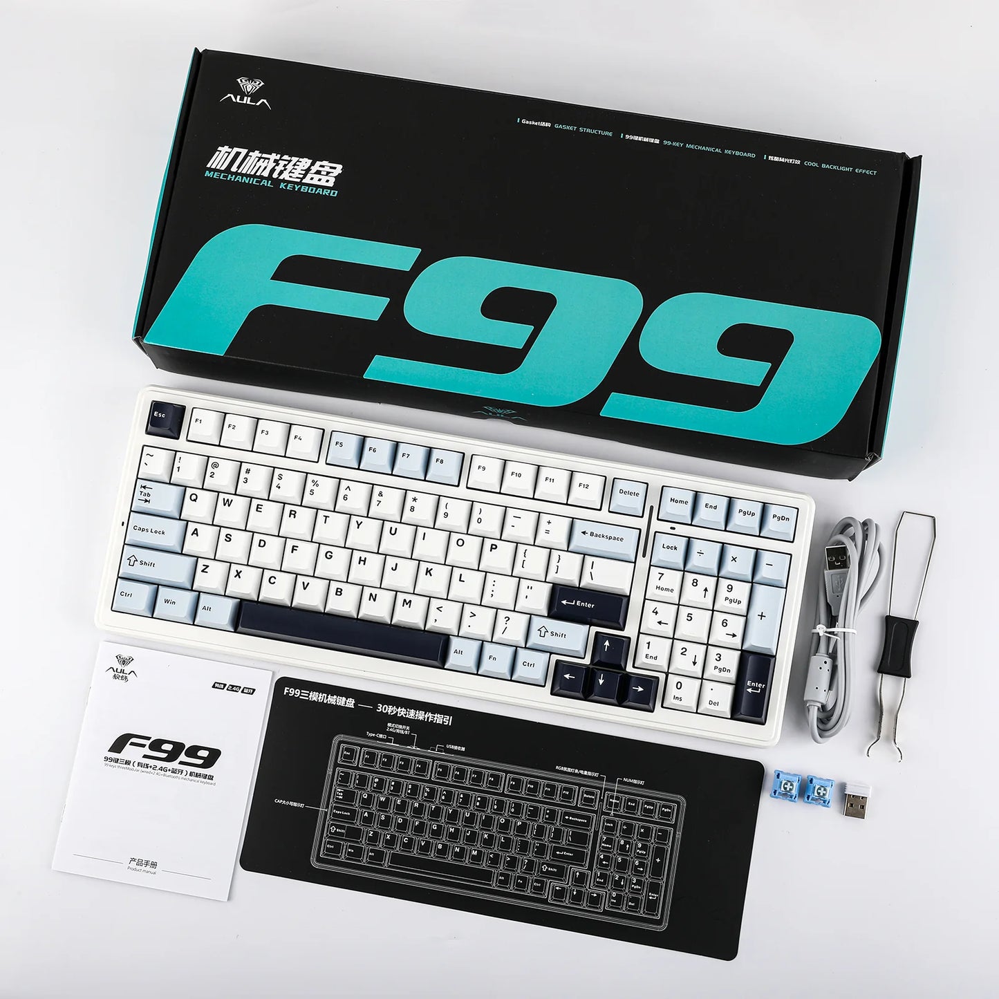 Teclado Mecânico Aula F99 Branco Azul Sem Fio Inglês Us