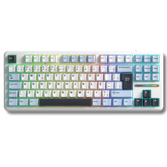 Teclado Mecânico Aula F87 Branco Azul Claro Sem Fio Abnt2