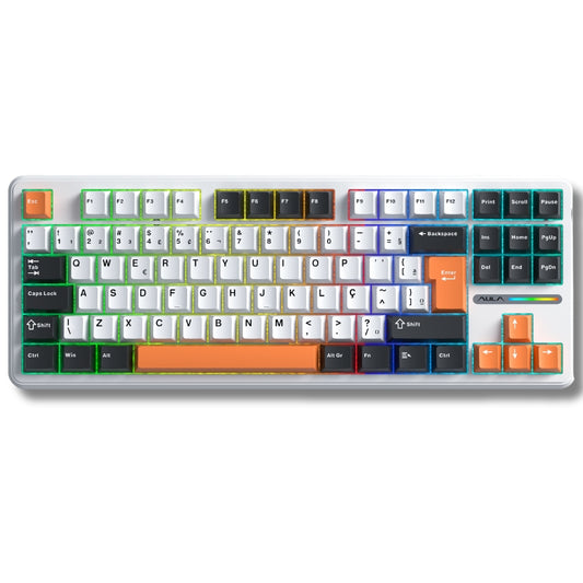 Teclado Mecânico Aula F87 Branco Laranja Escuro Sem Fio Abnt2
