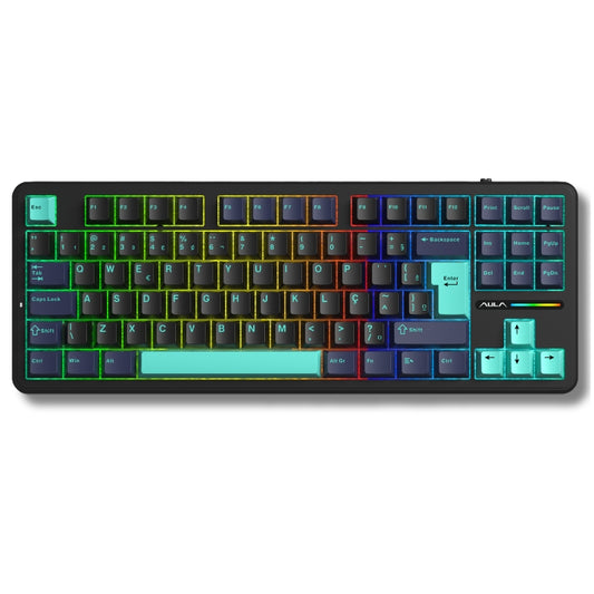 Teclado Mecânico Aula F87 Preto Azul Sem Fio Abnt2