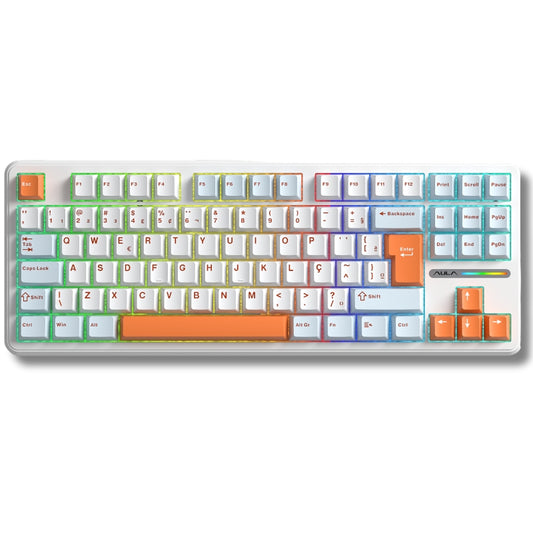 Teclado Mecânico Aula F87 Branco Laranja Claro Sem Fio Abnt2