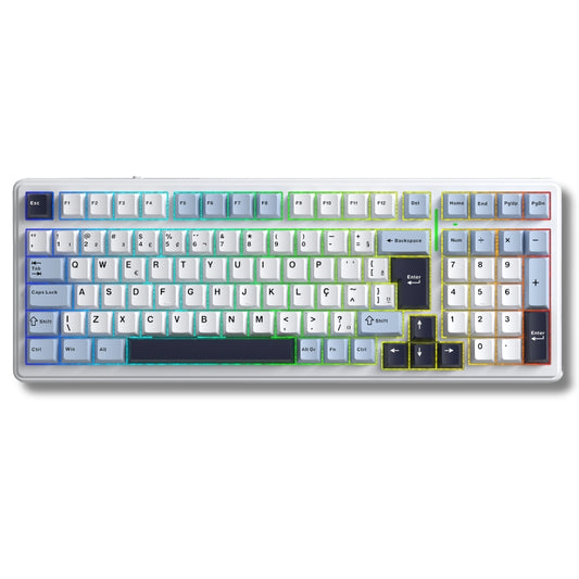 Teclado Mecânico Aula F99 Branco Azul Sem Fio Abnt2
