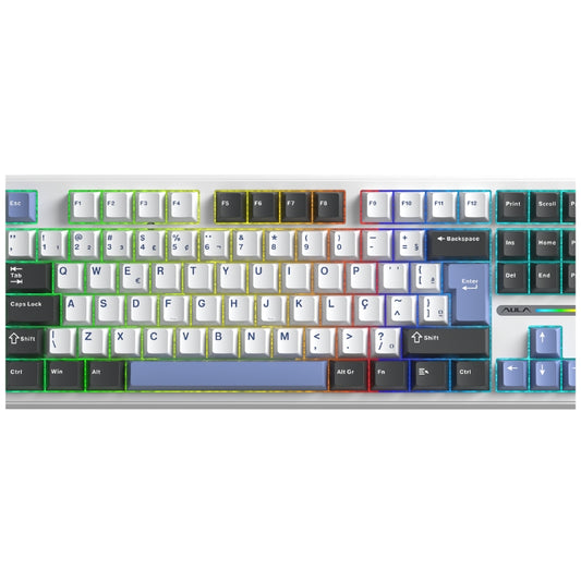 Teclado Mecânico Aula F87 Branco  Azul Escuro Sem Fio Abnt2