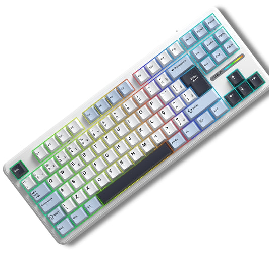 Teclado Mecânico Aula F87 Branco Azul Claro Sem Fio Abnt2