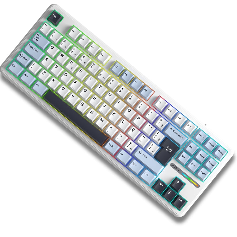 Teclado Mecânico Aula F87 Branco Azul Claro Sem Fio Abnt2