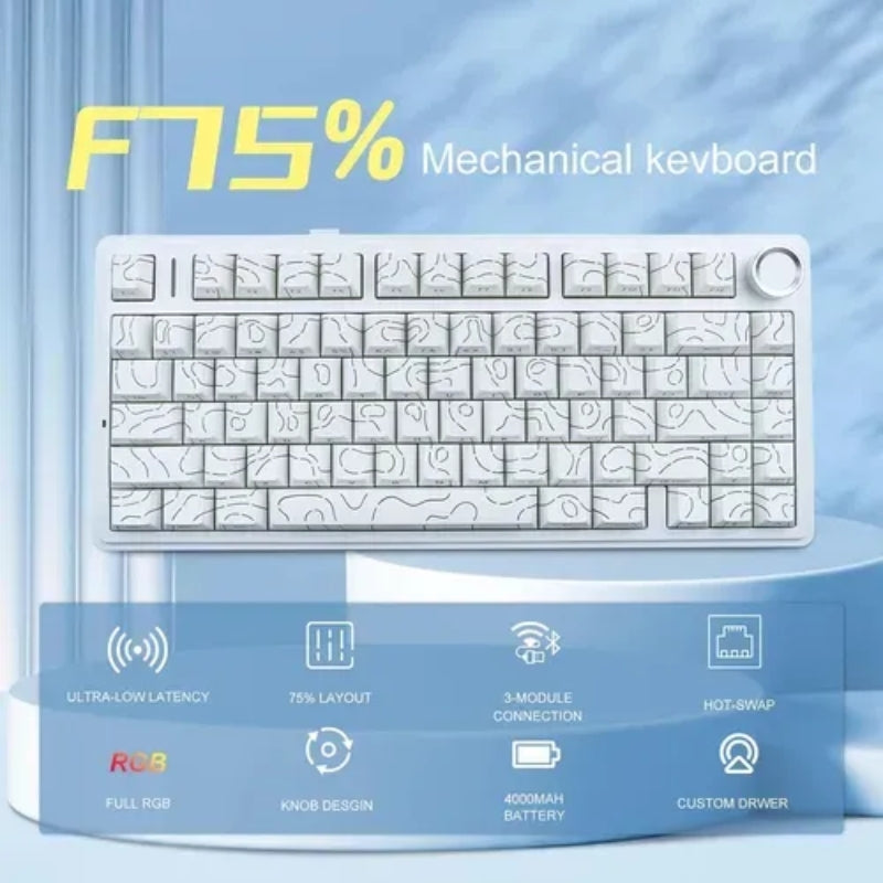 Teclado Mecânico Aula F75 Branco Contorno Sem Fio Inglês Us