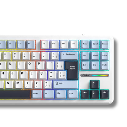 Teclado Mecânico Aula F87 Branco Azul Claro Sem Fio Abnt2