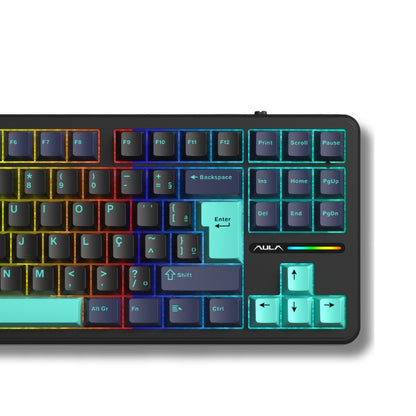Teclado Mecânico Aula F87 Preto Azul Sem Fio Abnt2
